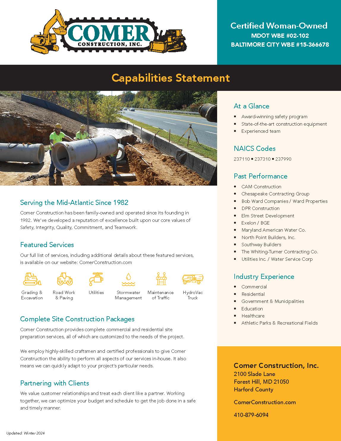 Comer Construction Capabilities Statement - Woman Owned Small Business Capababilities