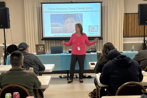 Sandra “Sandi” Gallion of the Harford County Government Office of Drug Control Policy presenting during Comer Construction Safety Days