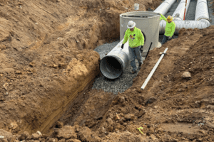 crew positioning corrugated pipe in trench with manhole structure