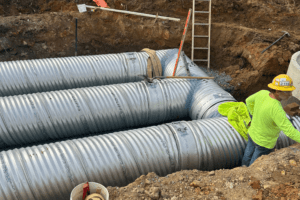 lose-up of crew working inside detention vault