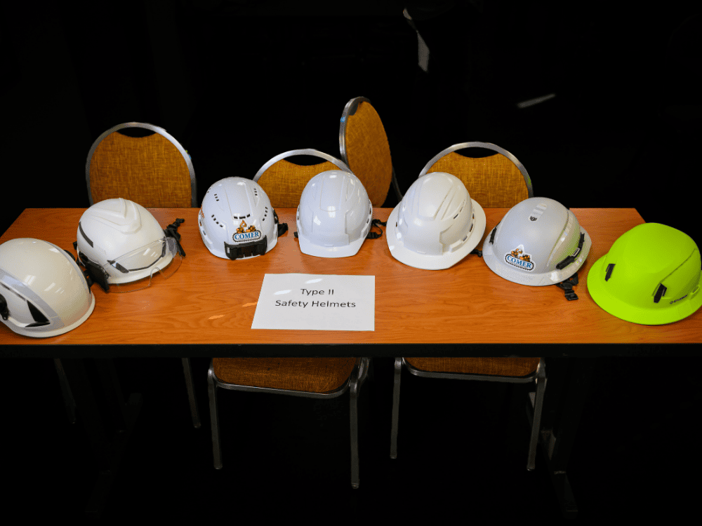 A lineup of Type II safety helmets reviewed by Comer Construction for its field team.
